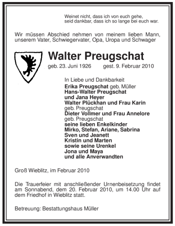 Traueranzeige von Walter Preugschat von ALLGEMEINE ZEITUNG UELZEN