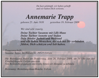 Traueranzeige von Annemarie Trapp von ALLGEMEINE ZEITUNG UELZEN