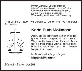 Traueranzeige von Karin Ruth Möllmann von ALLGEMEINE ZEITUNG UELZEN