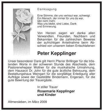 Traueranzeige von Peter Kepplinger von ALLGEMEINE ZEITUNG UELZEN