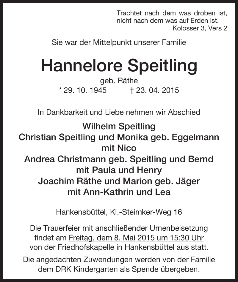 Traueranzeige für Hannelore Speitling vom 29.04.2015 aus Uelzen