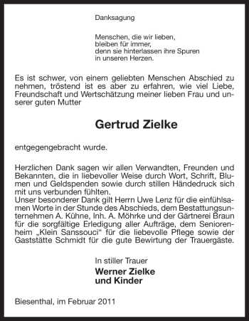 Traueranzeige von Gertrud Zielke von ALLGEMEINE ZEITUNG UELZEN