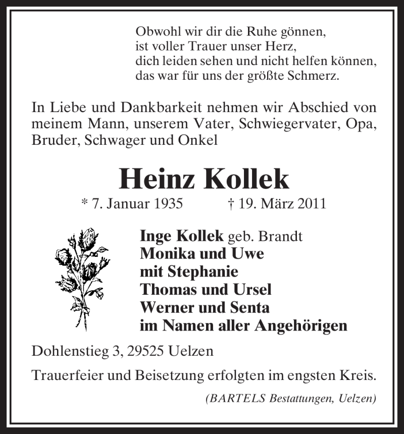 Traueranzeige für Heinz Kollek vom 26.03.2011 aus ALLGEMEINE ZEITUNG UELZEN