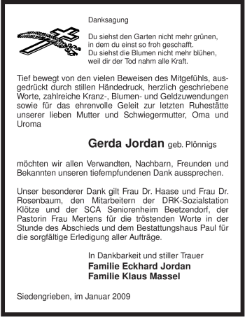 Traueranzeige von Gerda Jordan von ALLGEMEINE ZEITUNG UELZEN