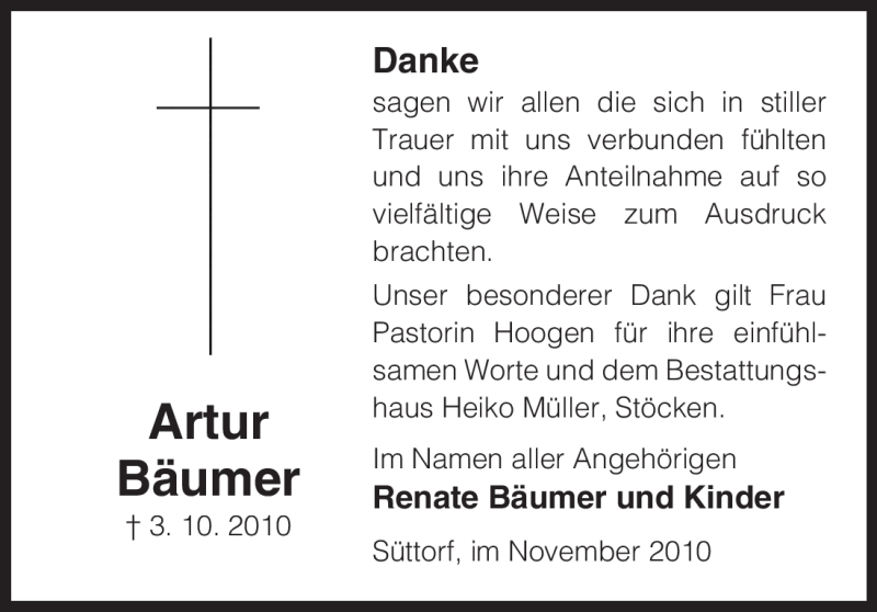  Traueranzeige für Artur Bäumer vom 06.11.2010 aus ALLGEMEINE ZEITUNG UELZEN