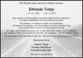 Traueranzeige von Elfriede Tietje von Uelzen