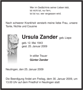 Traueranzeige von Ursula Zander von ALLGEMEINE ZEITUNG UELZEN