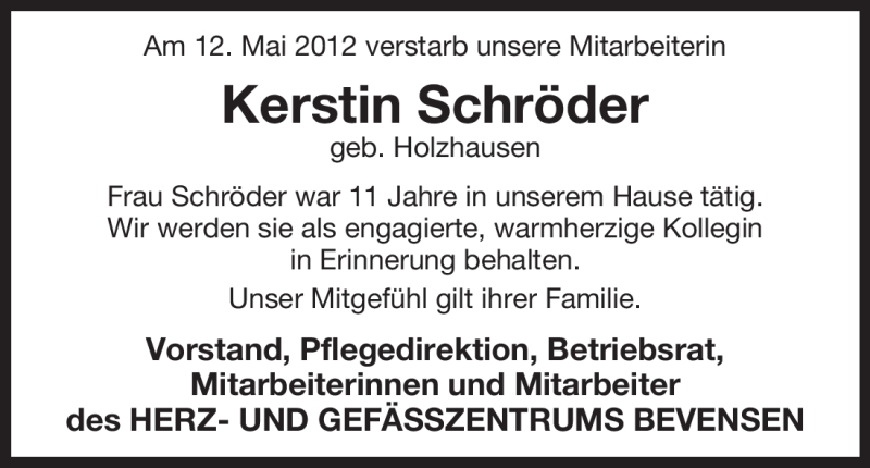  Traueranzeige für Kerstin Schröder vom 16.05.2012 aus ALLGEMEINE ZEITUNG UELZEN