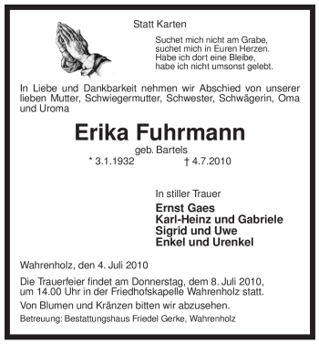 Traueranzeige von Erika Fuhrmann von ALLGEMEINE ZEITUNG UELZEN