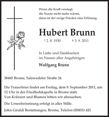 Traueranzeige von Hubert Brunn von ALLGEMEINE ZEITUNG UELZEN