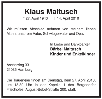 Traueranzeige von Klaus Maltusch von ALLGEMEINE ZEITUNG UELZEN