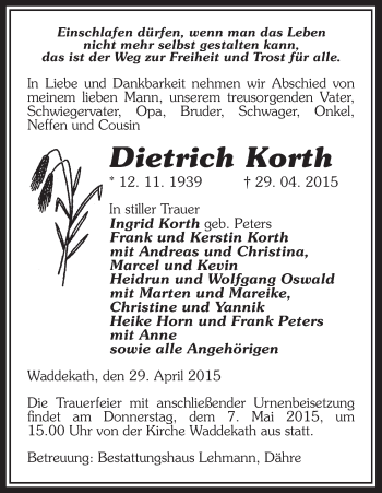 Traueranzeige von Dietrich Korth von Uelzen