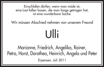 Traueranzeige von Ulli Unbekannt von ALLGEMEINE ZEITUNG UELZEN