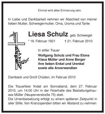 Traueranzeige von Liesa Schulz von ALLGEMEINE ZEITUNG UELZEN