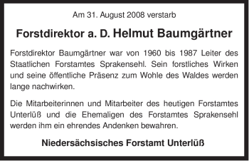 Traueranzeige von Helmut Baumgärtner von ALLGEMEINE ZEITUNG UELZEN