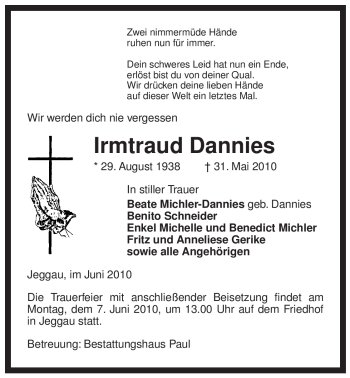 Traueranzeige von Irmtraud Dannies von ALLGEMEINE ZEITUNG UELZEN