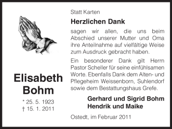 Traueranzeige von Elisabeth Bohm von ALLGEMEINE ZEITUNG UELZEN