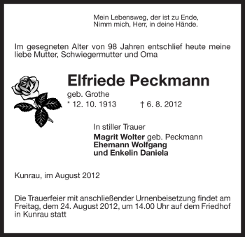 Traueranzeige von Elfriede Peckmann von ALLGEMEINE ZEITUNG UELZEN