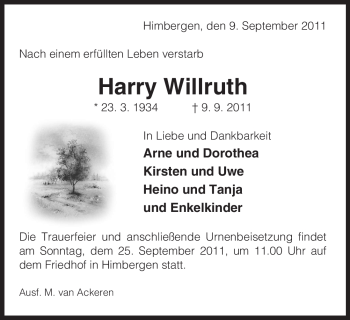 Traueranzeige von Harry Willruth von ALLGEMEINE ZEITUNG UELZEN
