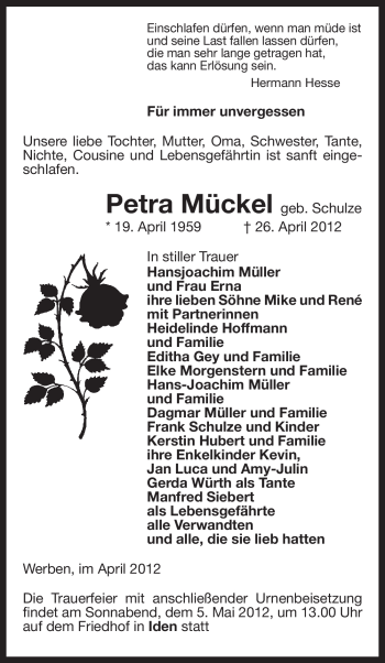 Traueranzeige von Petra Mückel von ALLGEMEINE ZEITUNG UELZEN