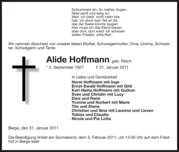 Traueranzeige von Alide Hoffmann von ALLGEMEINE ZEITUNG UELZEN