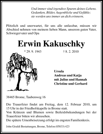 Traueranzeige von Erwin Kakuschky von ALLGEMEINE ZEITUNG UELZEN