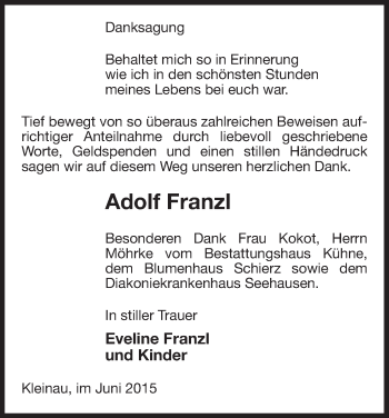 Traueranzeige von Adolf Franzl von Uelzen