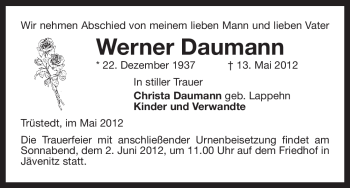 Traueranzeige von Werner Daumann von ALLGEMEINE ZEITUNG UELZEN