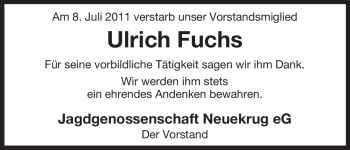 Traueranzeige von Ulrich Fuchs von ALLGEMEINE ZEITUNG UELZEN