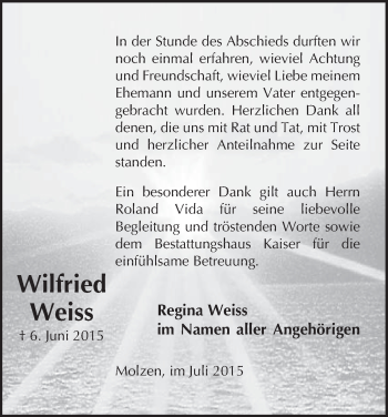 Traueranzeige von Wilfried Weiss von Uelzen