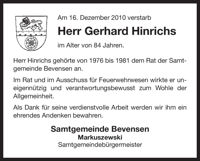  Traueranzeige für Gerhard Hinrichs vom 22.12.2010 aus ALLGEMEINE ZEITUNG UELZEN