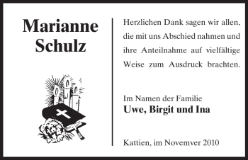 Traueranzeige von Marianne Schulz von ALLGEMEINE ZEITUNG UELZEN