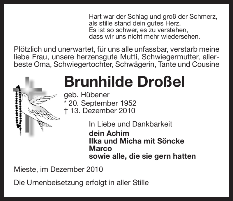  Traueranzeige für Brunhilde Droßel vom 16.12.2010 aus ALLGEMEINE ZEITUNG UELZEN