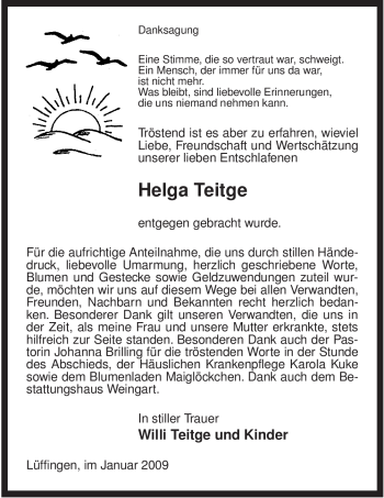 Traueranzeige von Helga Teitge von ALLGEMEINE ZEITUNG UELZEN