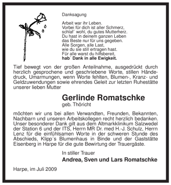 Traueranzeige von Gerlinde Romatschke von ALLGEMEINE ZEITUNG UELZEN