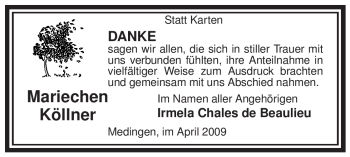 Traueranzeige von Mariechen Köllner von ALLGEMEINE ZEITUNG UELZEN