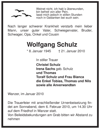 Traueranzeige von Wolfgang Schulz von ALLGEMEINE ZEITUNG UELZEN