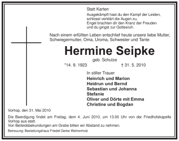 Traueranzeige von Hermine Seipke von ALLGEMEINE ZEITUNG UELZEN