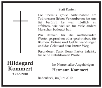 Traueranzeige von Hildegard Kommert von ALLGEMEINE ZEITUNG UELZEN