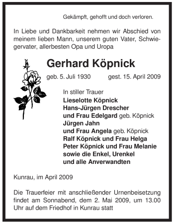 Traueranzeige von Gerhard Köpnick von ALLGEMEINE ZEITUNG UELZEN