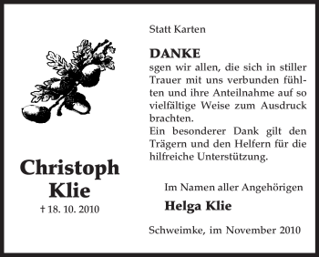 Traueranzeige von Christoph Klie von ALLGEMEINE ZEITUNG UELZEN