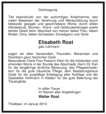 Traueranzeige von Elisabeth Rost von ALLGEMEINE ZEITUNG UELZEN