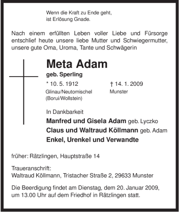 Traueranzeige von Meta Adam von ALLGEMEINE ZEITUNG UELZEN