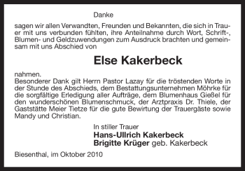 Traueranzeige von Else Kakerbeck von ALLGEMEINE ZEITUNG UELZEN