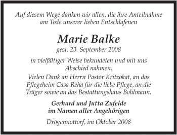 Traueranzeige von Marie Balke von ALLGEMEINE ZEITUNG UELZEN