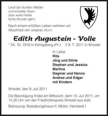 Traueranzeige von Edith Augustein - Volle von ALLGEMEINE ZEITUNG UELZEN