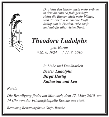 Traueranzeige von Theodore Ludolphs von ALLGEMEINE ZEITUNG UELZEN