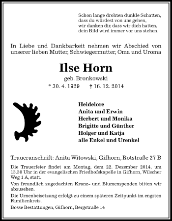 Traueranzeige von Ilse Horn von Uelzen