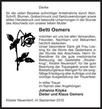 Traueranzeige von Betti Osmers von ALLGEMEINE ZEITUNG UELZEN