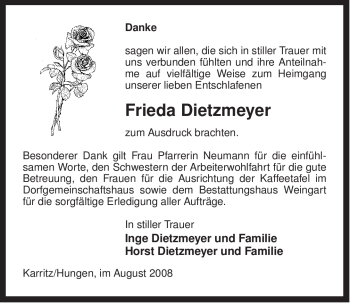 Traueranzeige von Frieda Dietzmeyer von ALLGEMEINE ZEITUNG UELZEN